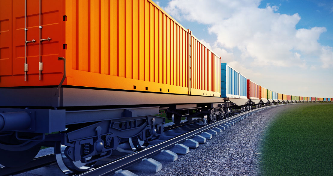 3d illustration of wagon of freight train with containers on the sky background